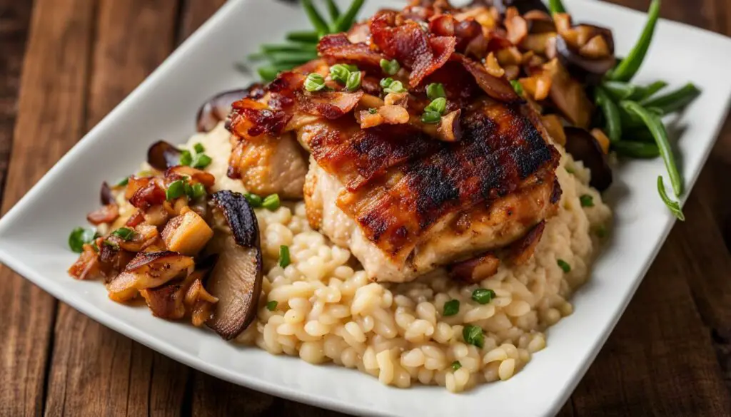 Bacon wrapped chicken with bacon and mushrooms risotto