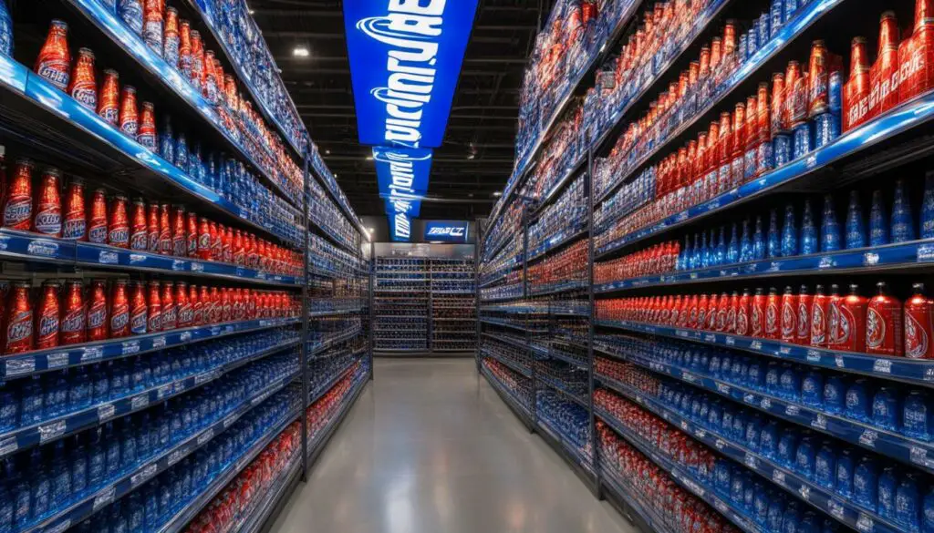 Bud Light beer bottles and cans on display in a store