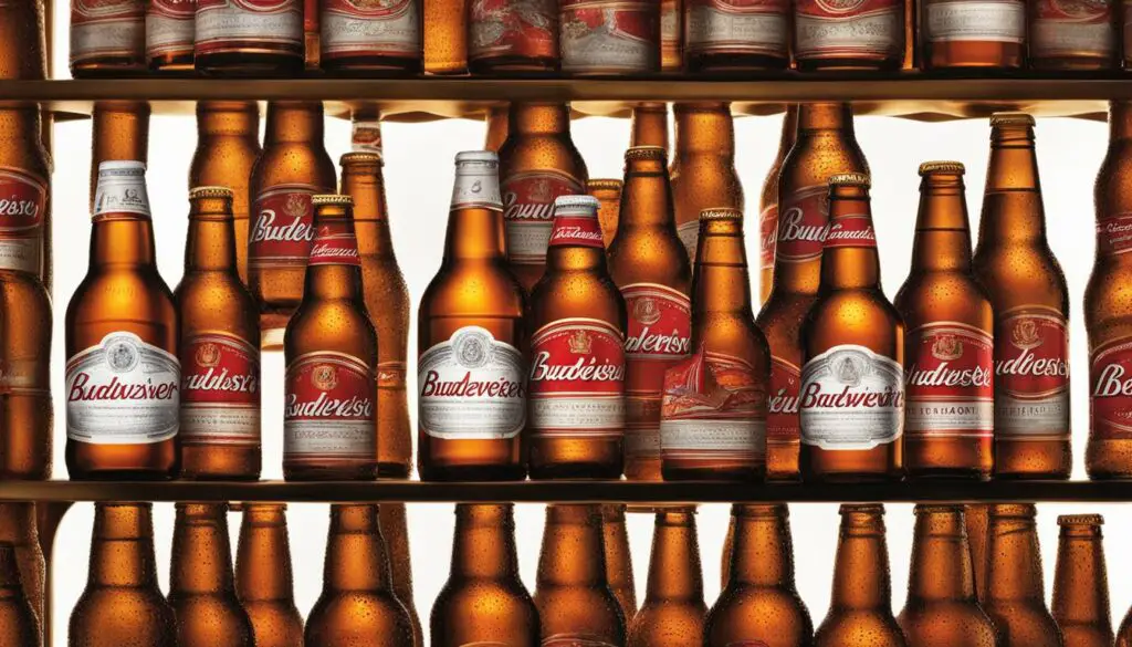 Budweiser beer bottles stacked on top of each other