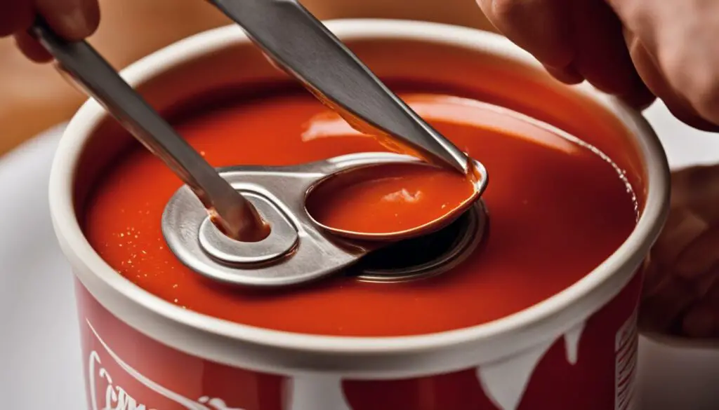 Campbell's Tomato Soup can, with the soup being poured into a bowl