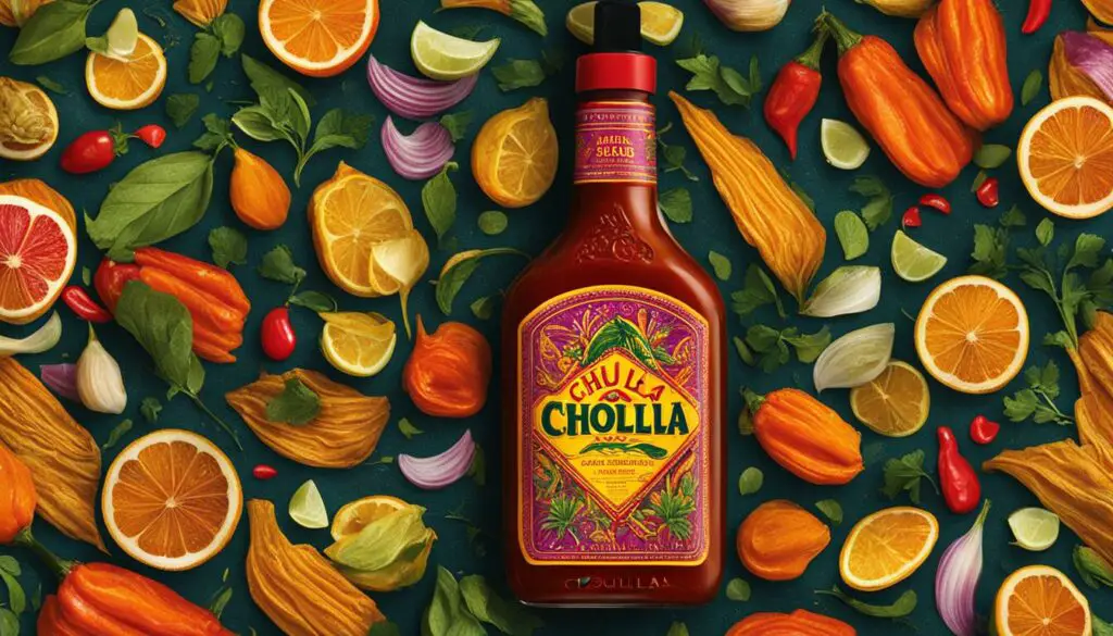 Cholula hot sauce bottle and ingredients