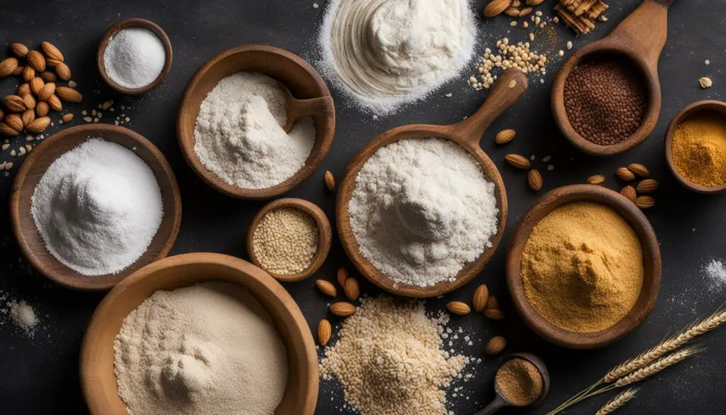 Different types of flour on a wooden board