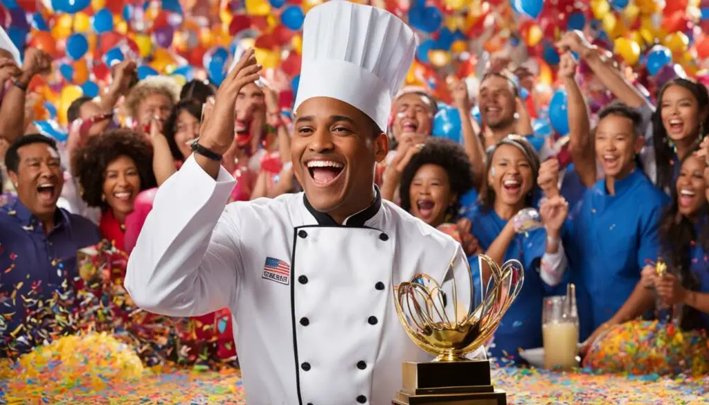 Great American Recipe Season 2 Victor celebrating with trophy