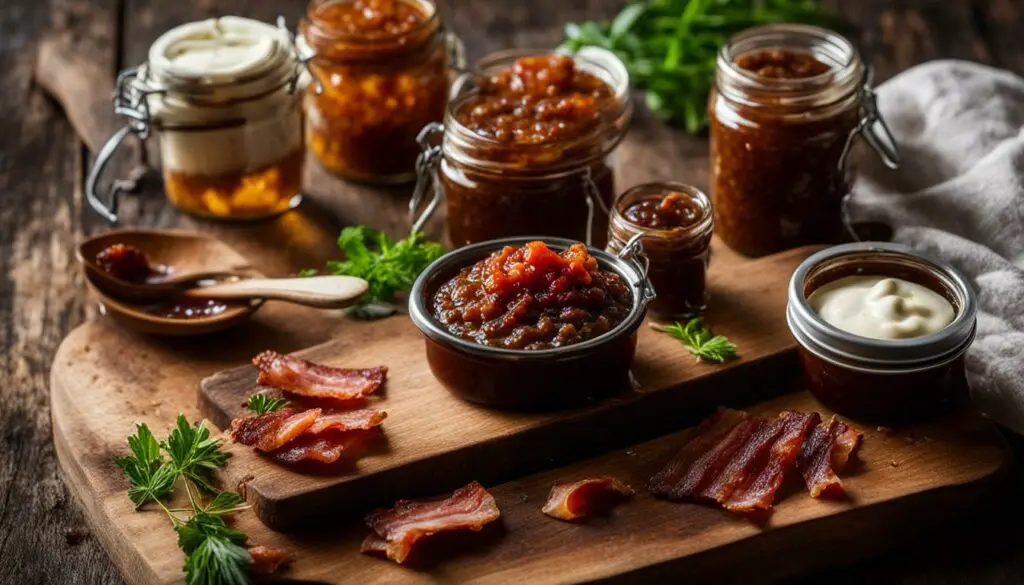 Homemade bacon jam and mayonnaise on a wooden table