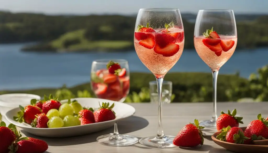 May Wine served in tall, narrow glasses with sliced strawberries as a garnish.