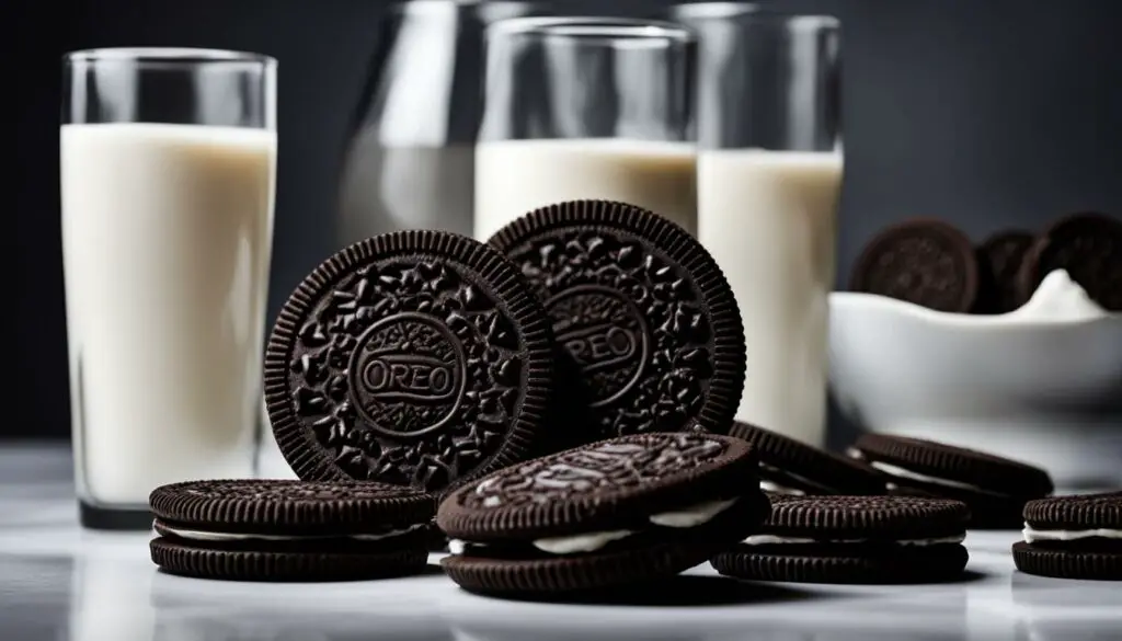 Oreo cookies in a row, with a glass of milk in the background