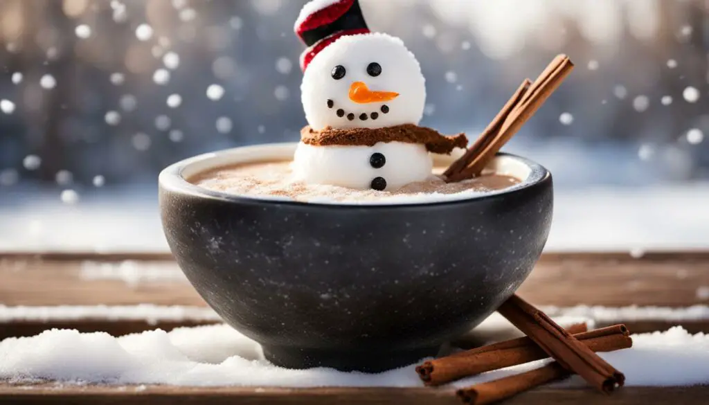 Snowman enjoying a cup of hot cocoa and warm oatmeal