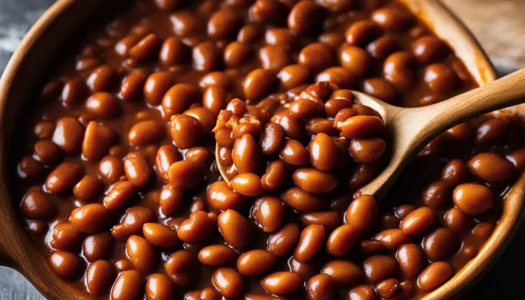 baked beans on a wooden spoon
