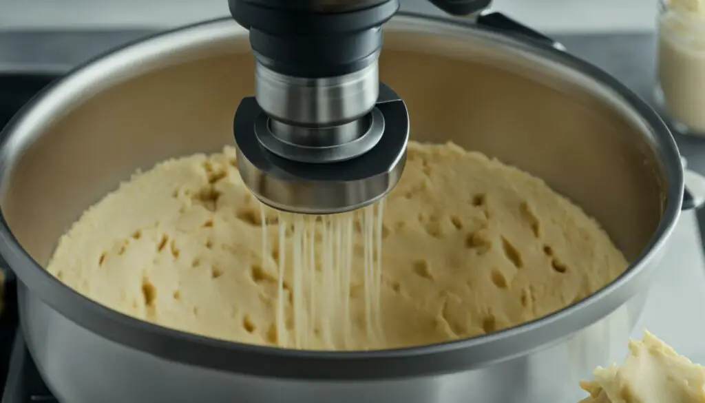 cookie dough being mixed in a stand mixer