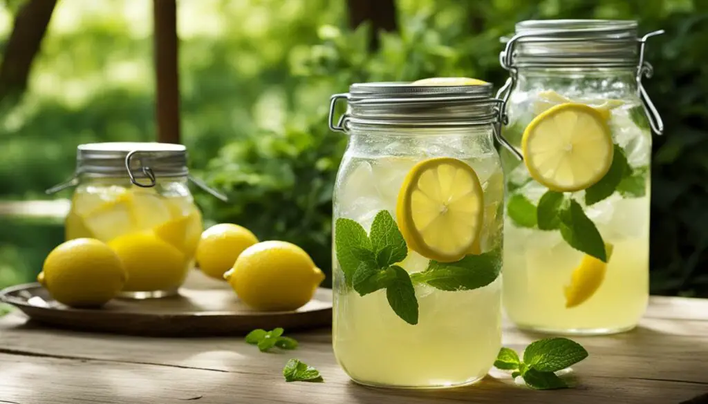 homemade lemonade in a glass jar with a slice of lemon and mint garnish