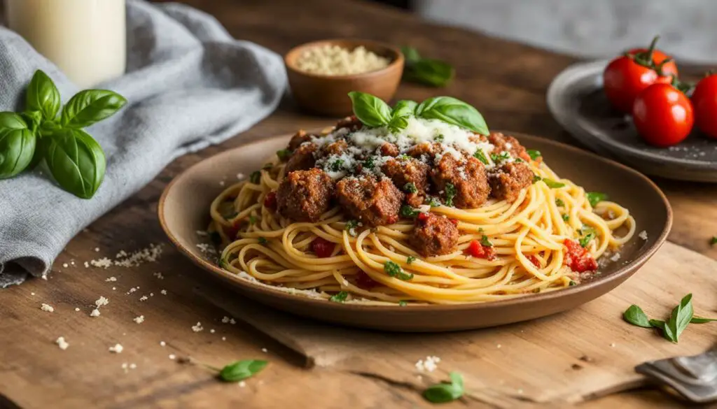 breakfast sausage spaghetti dish