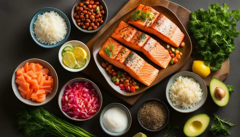 key ingredients for salmon and rice bowl