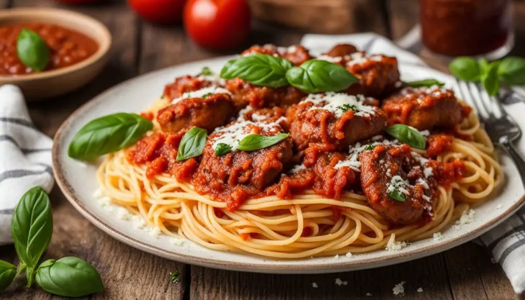 spaghetti with breakfast sausage