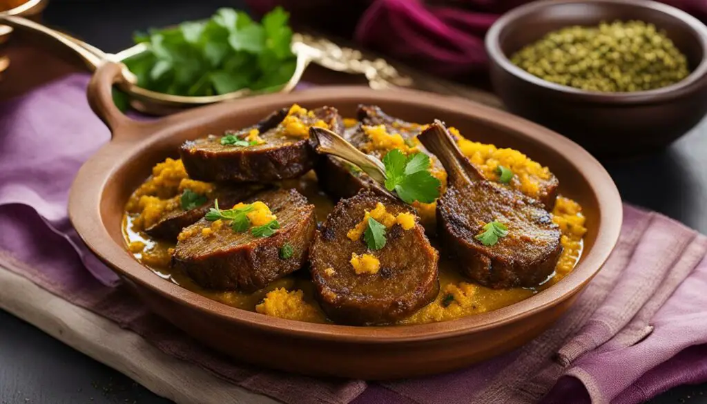spiced aubergine and turmeric-coated lamb cutlets