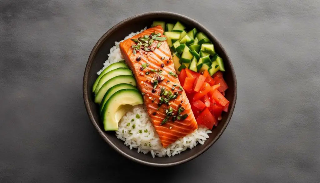 vegetable and topping suggestions for salmon and rice bowl