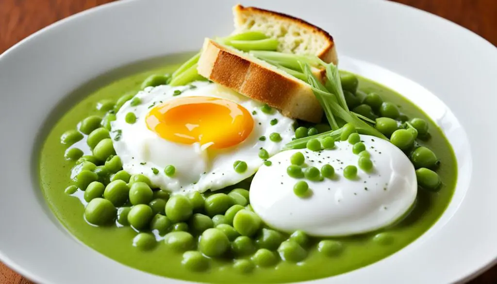 pea and leek soup with poached egg